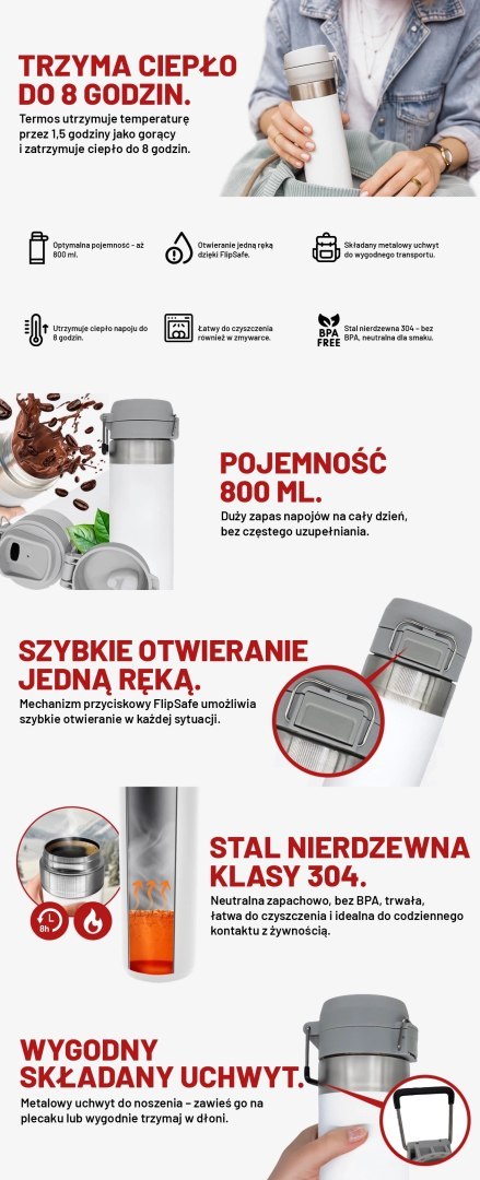 Kubek termiczny Termos Alogy ThermoGo™ 800ml Stalowy Szczelny Pakowny Podróżny do Kawy i Herbaty Sportowy Długo Trzymający Ciepł