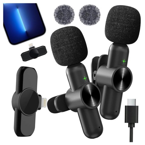 Mikrofon Bezprzewodowy 2x Zestaw - Lightning do iPhone, redukcja szumu, lekka konstrukcja, zasięg do 20 metrów - 2x Mikrofon Kra