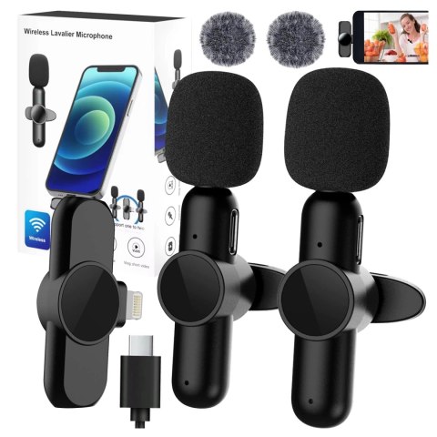 Mikrofon Bezprzewodowy 2x Zestaw - Lightning do iPhone, redukcja szumu, lekka konstrukcja, zasięg do 20 metrów - 2x Mikrofon Kra