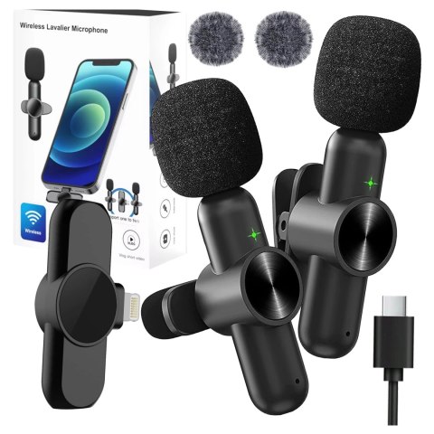 Mikrofon Bezprzewodowy 2x Zestaw - Lightning do iPhone, redukcja szumu, lekka konstrukcja, zasięg do 20 metrów - 2x Mikrofon Kra