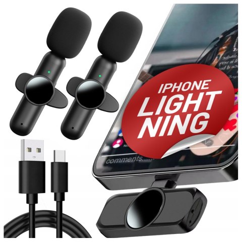 Mikrofon Bezprzewodowy 2x Zestaw - Lightning do iPhone, redukcja szumu, lekka konstrukcja, zasięg do 20 metrów - 2x Mikrofon Kra