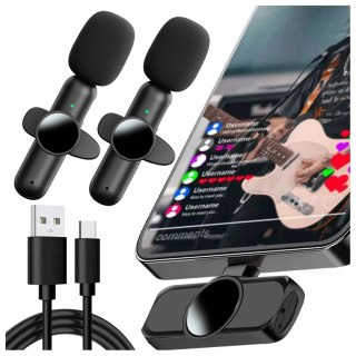 Mikrofon Bezprzewodowy 2x Zestaw - USB-C, redukcja szumu, lekka konstrukcja, zasięg do 20 metrów - 2x Mikrofon Krawatowy z Futer
