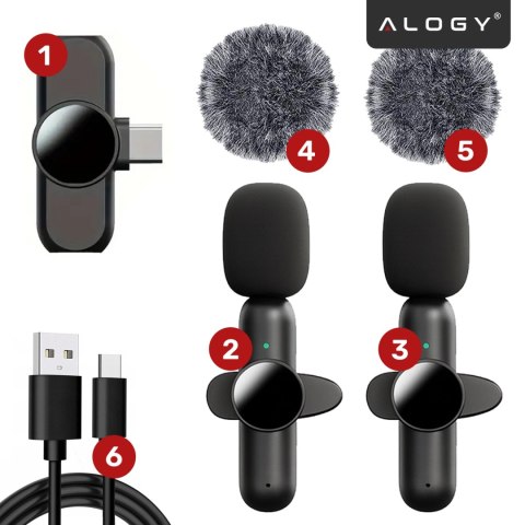 Mikrofon Bezprzewodowy 2x Zestaw - USB-C, redukcja szumu, lekka konstrukcja, zasięg do 20 metrów - 2x Mikrofon Krawatowy z Futer