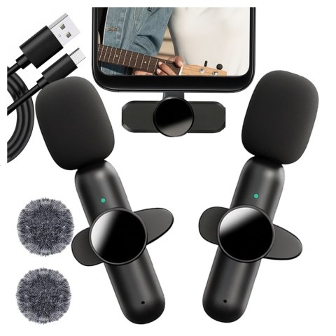 Mikrofon Bezprzewodowy 2x Zestaw - USB-C, redukcja szumu, lekka konstrukcja, zasięg do 20 metrów - 2x Mikrofon Krawatowy z Futer