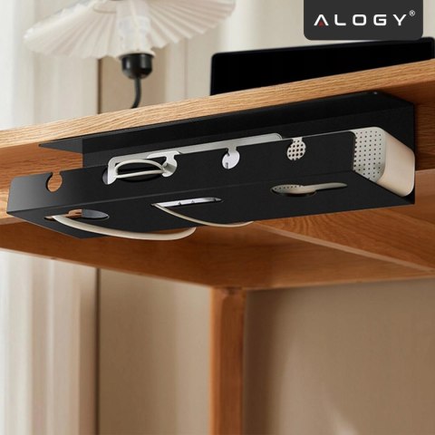Organizer na Kable 2w1 Pod Biurko i na Ścianę, 40 cm, z Paskiem Klejącym utrzymanie porządku na biurku, Alogy CableHold™ - Czarn