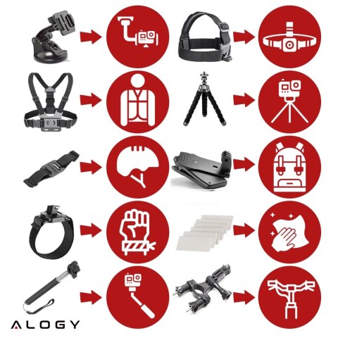 Zestaw Akcesoriów do GoPro Hero 13 12 11 10 9 8 7 6 kamerki sportowej zestaw mocowań Alogy ActionKit™ XXL 58w1 z Etui pokrowcem 