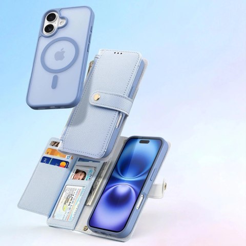 Etui skórzane do iPhone 16 Dux Ducis Lawa z portfelem MagSafe błękitne