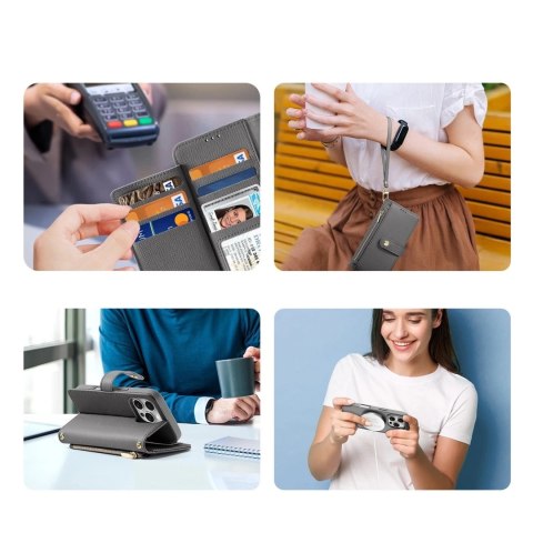 Etui skórzane do iPhone 16 Pro Dux Ducis Lawa z portfelem MagSafe szare