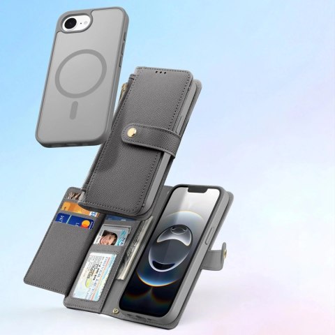 Etui skórzane do iPhone 16e Dux Ducis Lawa z portfelem MagSafe szare