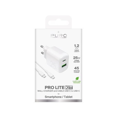 Ładowarka sieciowa Puro PROLITE 25W USB-A/USB-C + kabel USB-C 1.2m - biała