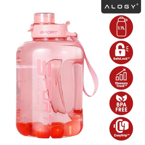 Duża Butelka Motywacyjna na Wodę 1.7L Bidon Sportowy z Miarką, Uchwytem i Pokrywką 2w1 (Dzióbek + Słomka), Wygodna i Szczelna, A