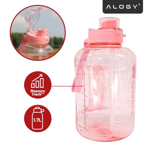 Duża Butelka Motywacyjna na Wodę 1.7L Bidon Sportowy z Miarką, Uchwytem i Pokrywką 2w1 (Dzióbek + Słomka), Wygodna i Szczelna, A