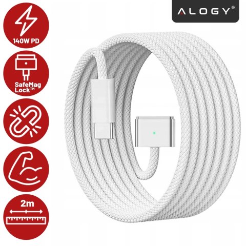 Kabel zasilający USB-C do MagSafe 3 - szybkie ładowanie 140W, przewód 2 m, do Apple MacBook, wytrzymały i bezpieczny - Alogy Pow