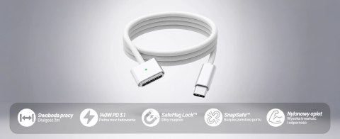 Kabel zasilający USB-C do MagSafe 3 - szybkie ładowanie 140W, przewód 2 m, do Apple MacBook, wytrzymały i bezpieczny - Alogy Pow