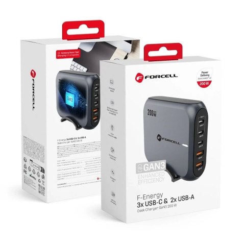 Ładowarka biurkowa Forcell GaN III 200W 3xUSB-C 2xUSB-A PD QC SFC
