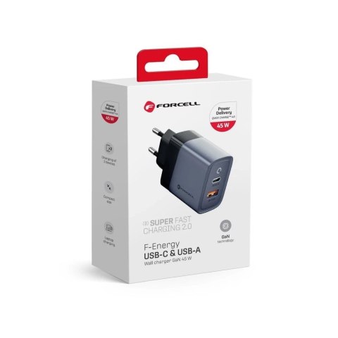 Ładowarka sieciowa Forcell GaN 45W USB-C + USB-A PD QC SFC Szara