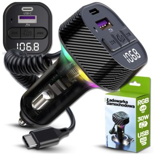 Transmiter FM Bluetooth 5.3 z Ładowarką Samochodową PD 30W QC3.0, Kabel Sprężynowy USB-C, Obsługa Pendrive, Podświetlenie LED 7 