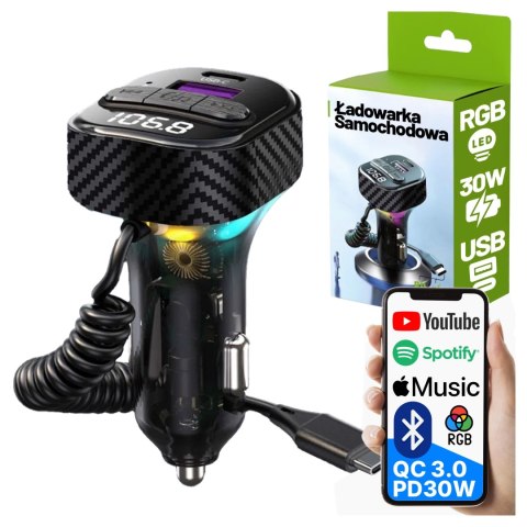 Transmiter FM Bluetooth 5.3 z Ładowarką Samochodową PD 30W QC3.0, Kabel Sprężynowy USB-C, Obsługa Pendrive, Podświetlenie LED 7 