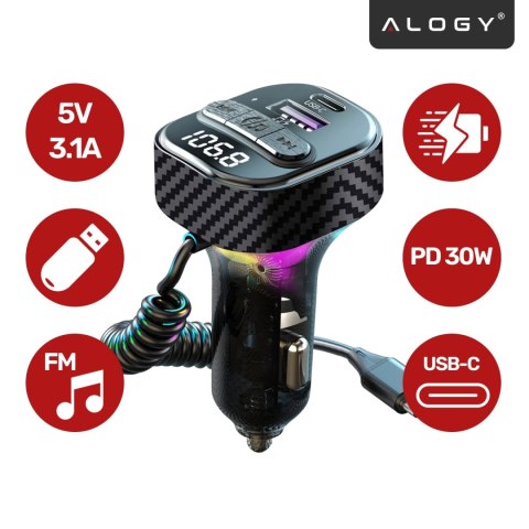 Transmiter FM Bluetooth 5.3 z Ładowarką Samochodową PD 30W QC3.0, Kabel Sprężynowy USB-C, Obsługa Pendrive, Podświetlenie LED 7 