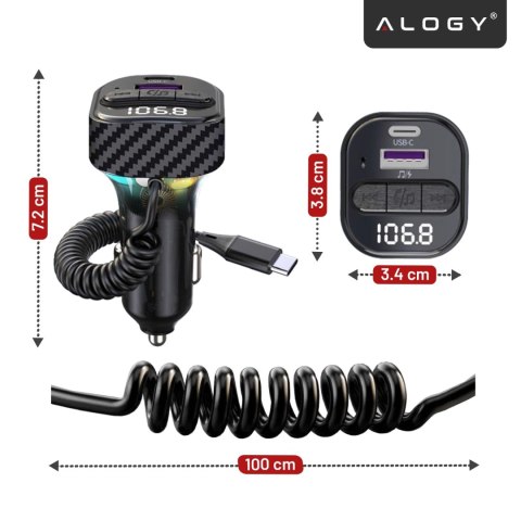 Transmiter FM Bluetooth 5.3 z Ładowarką Samochodową PD 30W QC3.0, Kabel Sprężynowy USB-C, Obsługa Pendrive, Podświetlenie LED 7 