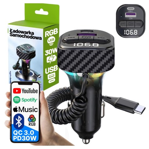 Transmiter FM Bluetooth 5.3 z Ładowarką Samochodową PD 30W QC3.0, Kabel Sprężynowy USB-C, Obsługa Pendrive, Podświetlenie LED 7 