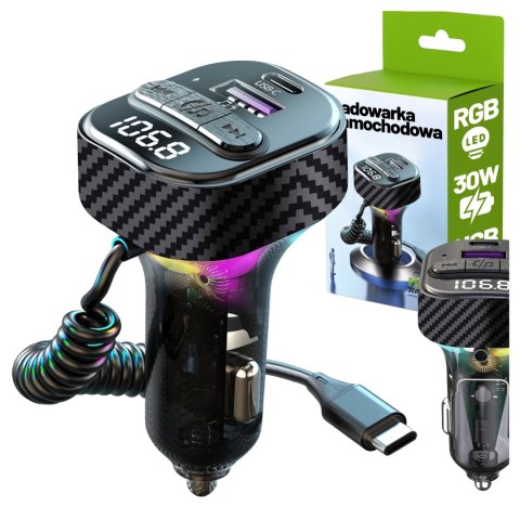 Transmiter FM Bluetooth 5.3 z Ładowarką Samochodową PD 30W QC3.0, Kabel Sprężynowy USB-C, Obsługa Pendrive, Podświetlenie LED 7 