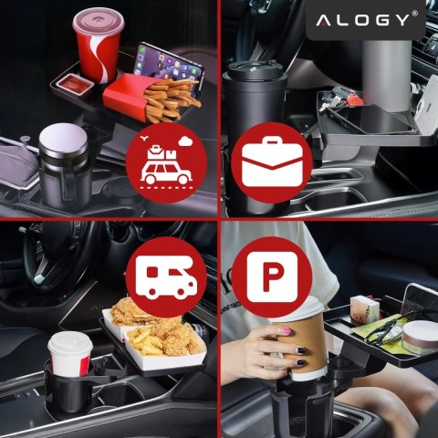 Uchwyt Samochodowy na Kubek i Butelkę Telefon z Obrotowym Stoliczkiem 360°, Mobilny Organizer 2w1, Alogy MultiUse Tray™ - Czarny