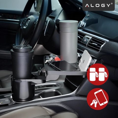 Uchwyt Samochodowy na Kubek i Butelkę Telefon z Obrotowym Stoliczkiem 360°, Mobilny Organizer 2w1, Alogy MultiUse Tray™ - Czarny