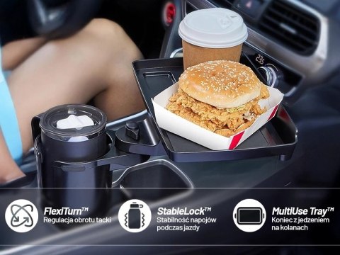 Uchwyt Samochodowy na Kubek i Butelkę Telefon z Obrotowym Stoliczkiem 360°, Mobilny Organizer 2w1, Alogy MultiUse Tray™ - Czarny