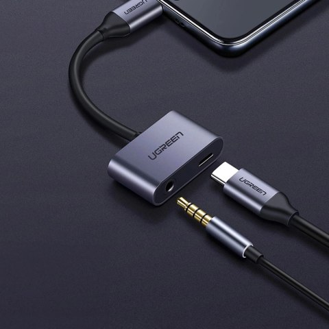 Adapter Ugreen CM193 USB-C do mini jack 3.5 mm + USB-C Ładowanie Szary