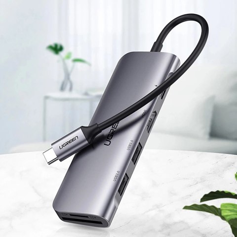 Adapter Ugreen CM195 USB-C HDMI USB-A SD TF PD 100W Hub 6w1 Szary