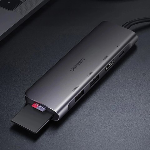 Adapter Ugreen CM195 USB-C HDMI USB-A SD TF PD 100W Hub 6w1 Szary