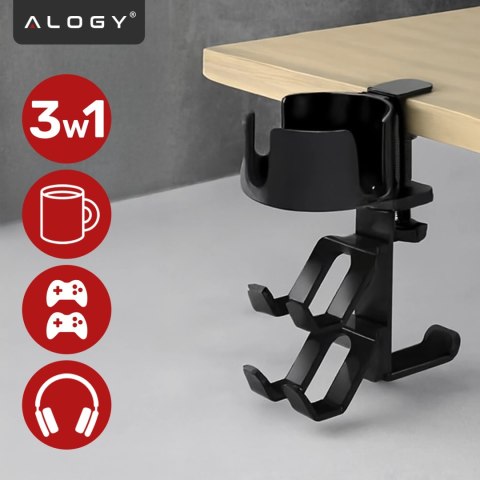 Uchwyt do biurka wielofunkcyjny - na kubek, pady i słuchawki, mocowanie do blatu, antypoślizgowy i stabilny - Alogy DeskClamp™ C