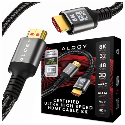 Kabel HDMI 2.1 1.5 m, 4K/8K Alogy Ultra High Speed™ 48 Gbps 60Hz, Premium z Pozłacanymi Końcówkami, Nylonowy Oplot, Miedziany - 