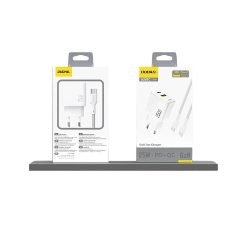 Ładowarka Dudao A26T 25W GaN USB-A, USB-C | Power Delivery, Quick Charge - Biała