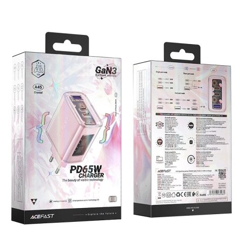 Ładowarka sieciowa Acefast A45 GaN 65W 3 porty (1xUSB, 2xUSB-C) różowa