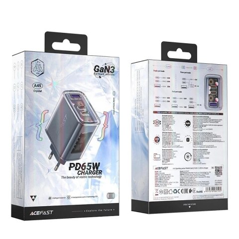 Ładowarka sieciowa Acefast A45 GaN 65W 3 porty USB (1xUSB, 2xUSB-C) szara