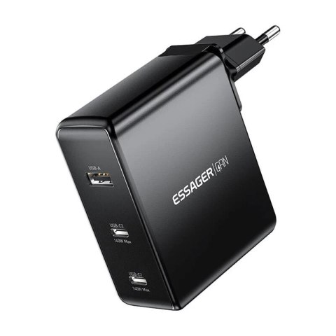 Ładowarka sieciowa Essager ECT2CA-MQB01-Z 140W 2xUSB-C, USB-A Czarna Black
