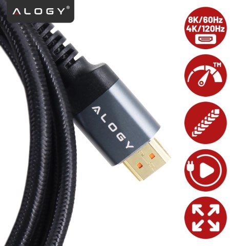 Kabel HDMI 2.1 10 m, 4K/8K Alogy Ultra High Speed™ 48 Gbps 60Hz, Premium z Pozłacanymi Końcówkami, Nylonowy Oplot, Miedziany - C