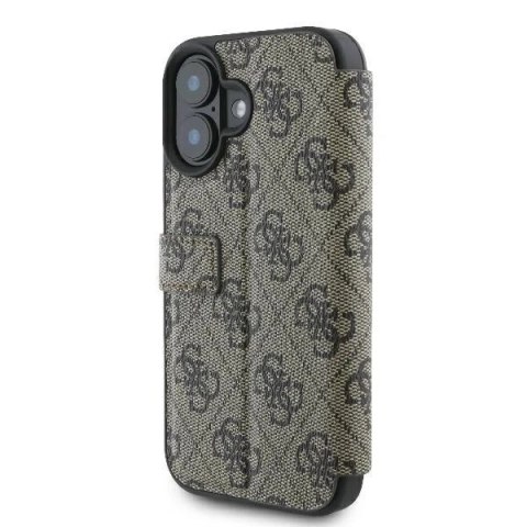 Guess 4G Metal Logo Book Case do iPhone 16 6,1″ - brązowe, z funkcją podstawki