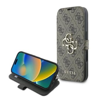 Guess 4G Metal Logo Book Case do iPhone 16 6,1″ - brązowe, z funkcją podstawki