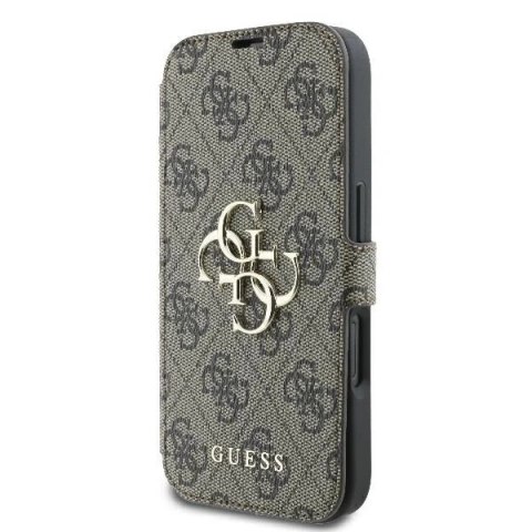 Guess 4G Metal Logo Book Case do iPhone 16 6,1″ - brązowe, z funkcją podstawki