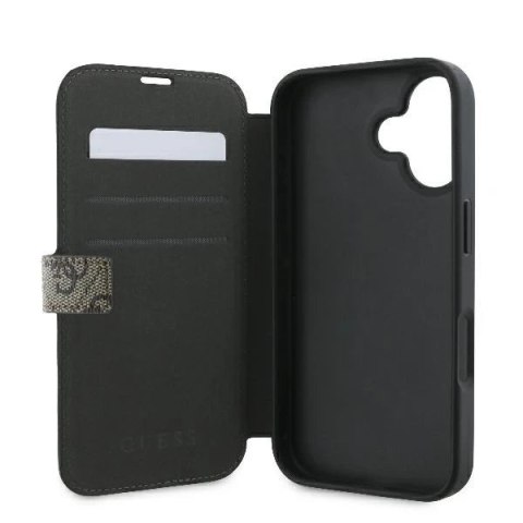 Guess 4G Metal Logo Book Case do iPhone 16 6,1″ - brązowe, z funkcją podstawki
