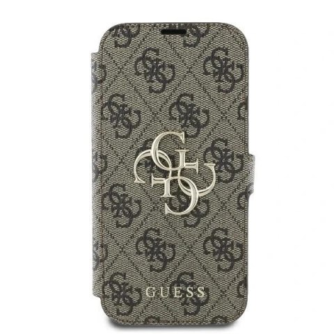 Guess 4G Metal Logo Book Case do iPhone 16 6,1″ - brązowe, z funkcją podstawki
