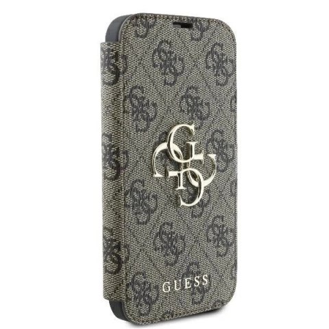 Guess 4G Metal Logo Book Case do iPhone 16 6,1″ - brązowe, z funkcją podstawki
