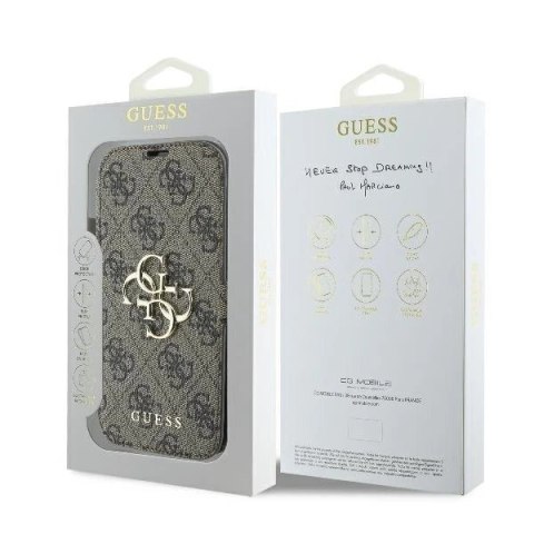 Guess 4G Metal Logo Book Case do iPhone 16 Pro Max - Brown
