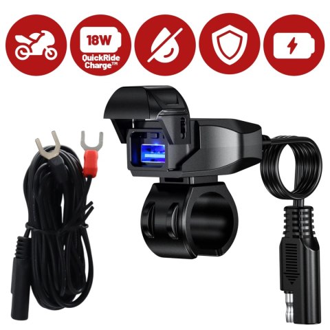 Ładowarka Motocyklowa Kewig USB-A 18W, Szybkie Ładowanie QC, Wodoodporna IP65 z Wyłącznikiem i Podświetleniem LED, Montaż na Kie
