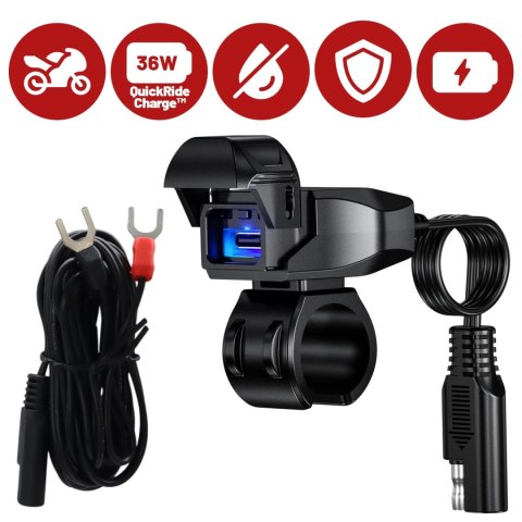 Ładowarka Motocyklowa Kewig USB-C 36W, Szybkie Ładowanie QC, Wodoodporna IP65 z Wyłącznikiem i Podświetleniem LED, Montaż na Kie