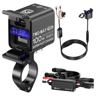 Ładowarka Motocyklowa Kewig, Uniwersalna Aluminiowa 100W, Dwukierunkowa z Woltomierzem, Szybkie Ładowanie USB-A i USB-C, Intelig