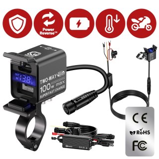 Ładowarka Motocyklowa Kewig, Uniwersalna Aluminiowa 100W, Dwukierunkowa z Woltomierzem, Szybkie Ładowanie USB-A i USB-C, Intelig